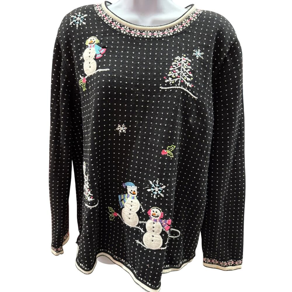 Alfred Dunner Christmas Sweater Women's 1X Embroidered Snowmen Embellished Black